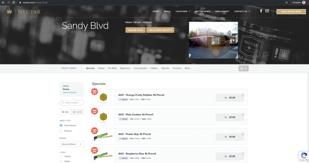 Nectar Cannabis online menu